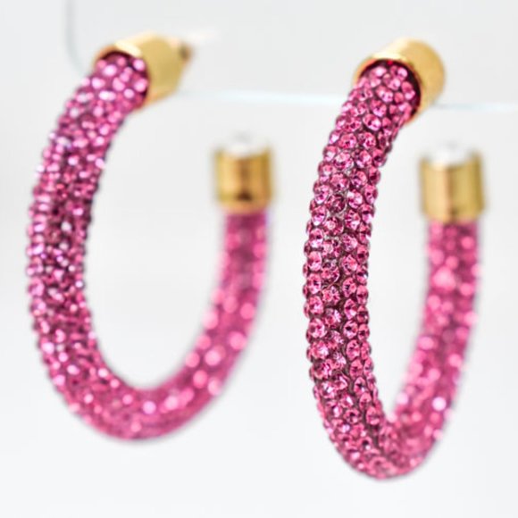1.75" Boho Fuchsia Pave Rhinestones Hoop Earrings - Picture 3 of 12
